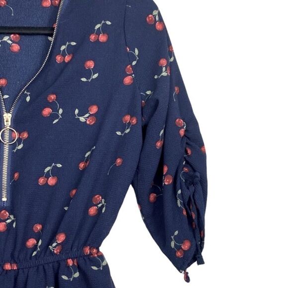 J for Justify Wm’s Sz Sm Navy Blue Cherry Print Gold Zipper Lined Mini Dress - Picture 2 of 6